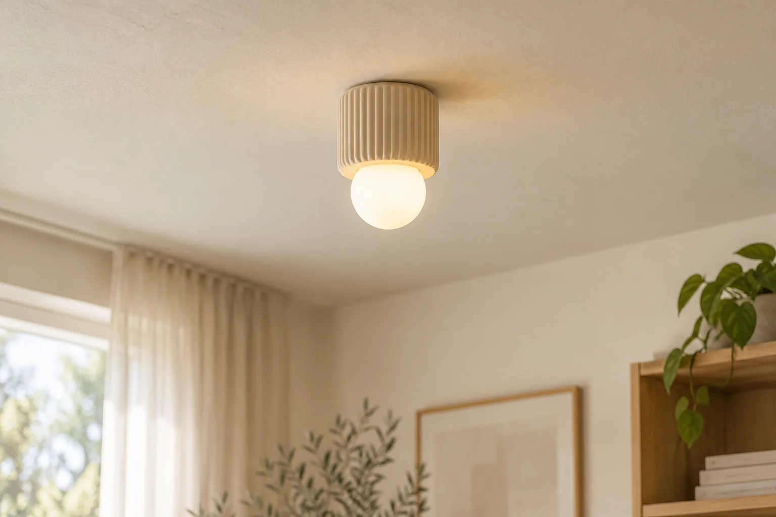 KI-generiertes Konzeptbild einer sandfarbenen, geriffelten Deckenleuchte mit warm leuchtender Glaskugel in einem hellen Wohnraum